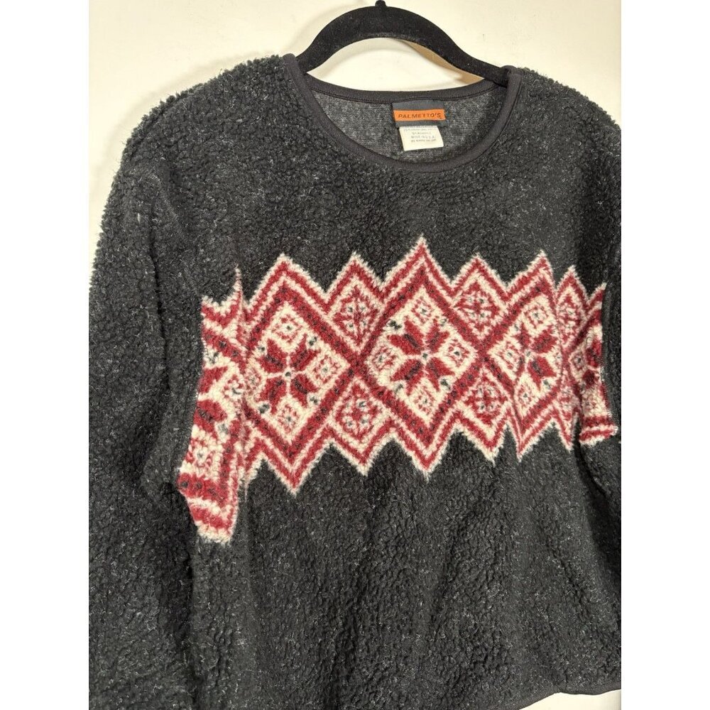 VIntage Palmetto's Fleece Pullover Black Fair Isle Geometric Made in USA Large - Picture 2 of 6